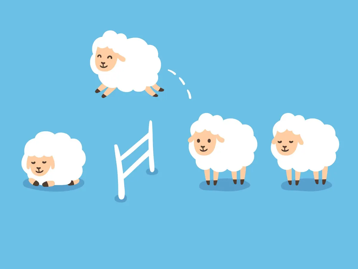 Illustration of cartoon sheep jumping over a white fence on a blue background